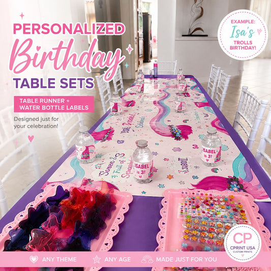 Personalized Birthday Table Set #1 Tabble runner + Water bottle labels