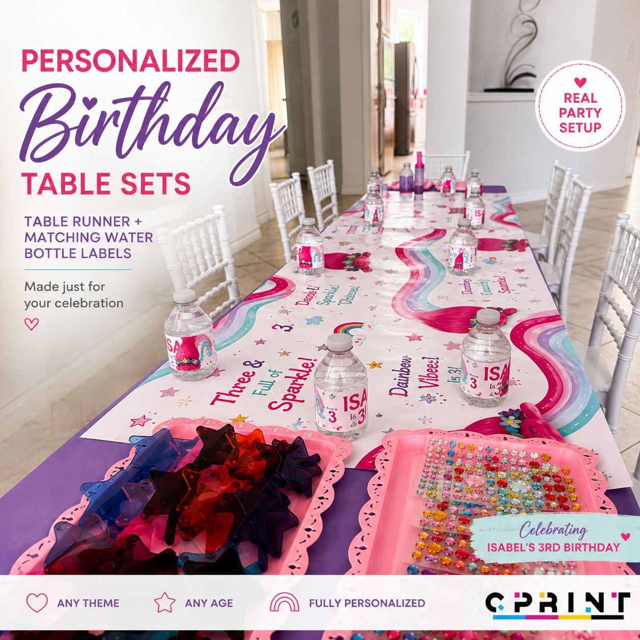 Personalized Birthday Table Set #2  Table runner + Matching Water Bottle Labels