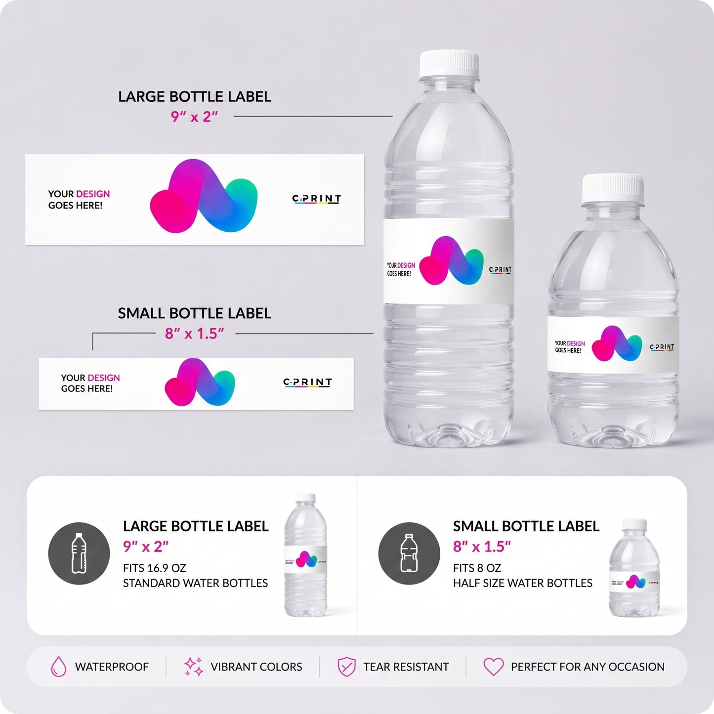 Customize Water Bottles Stickers 8x2 Inch - C Print USA